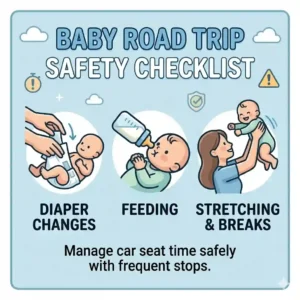 A checklist for parents to manage how long their baby stays in a car seat safely by planning frequent stops.