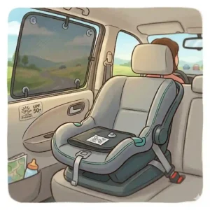 An empty safety seat showing the side UPF 50 plus protection label on the best car seat for long road trips baby.