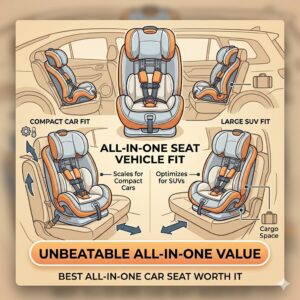 A visual size guide showing how a convertible model from the list of best all in one car seat worth it options fits in both compact cars and larger SUVs.