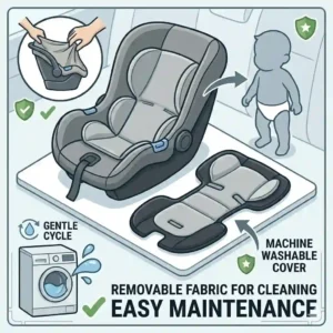 A parent demonstrating how to remove the machine washable fabric cover of the best budget infant car seat under 200 for cleaning.
