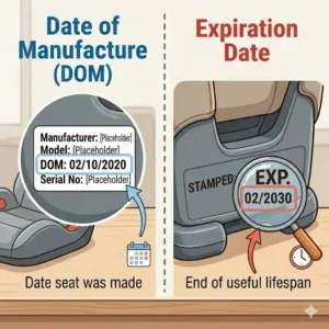 An illustration pointing out the manufacture date versus the expiration date for car seat expiration date how to check.