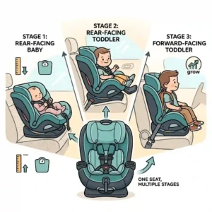 By highlighting how one seat grows from baby to toddler, this illustration shows why when to switch from infant to convertible car seat is a valuable long-term transition.