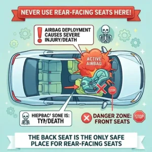 An image warning against front seat installation, explaining why it is not the safest position for car seat in vehicle.