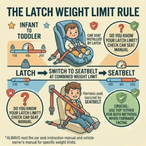 This graphic explains the LATCH weight limit rule and when to switch, illustrating a key consideration for LATCH vs seatbelt installation which is safer.
