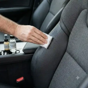 Wiping leather materials down with a clean microfiber towel to illustrate how to clean car seat safely without damage.