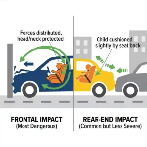 Diagram for a rear facing vs forward facing safety comparison explaining protection levels during frontal collisions.
