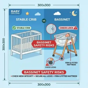 Highlit structural risks such as uneven mattress and mesh tears in a detailed view, critical for knowing crib vs bassinet which is safer for newborn.