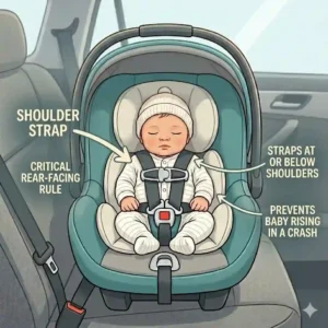 Diagram showing harness straps coming from at or below the shoulders as part of car seat safety tips for newborn parents.