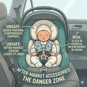Infographic warning against unapproved head inserts and strap covers to highlight car seat safety tips for newborn parents.