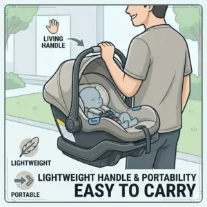 A mother carrying a sleeping newborn using the lightweight ergonomic handle of the best budget infant car seat under 200.