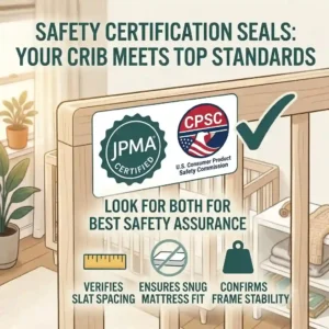 Graphic showing safety certification seals like JPMA and CPSC on a product label, indicating the best baby crib safety standards are met.