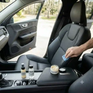 Applying a premium protective leather conditioner as the final phase of how to clean car seat safely without damage.