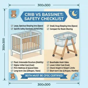 A final summary checklist infographic for parents to decide crib vs bassinet which is safer for newborn based on long use vs portability.