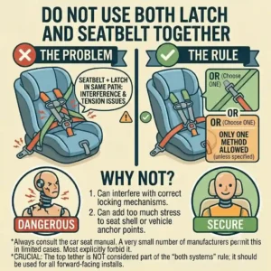 A clear warning illustration explaining why you should not use both systems at once, concluding the LATCH vs seatbelt installation which is safer discussion.