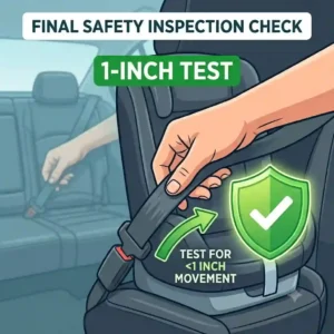 A close-up of a parent checking seat stability to confirm correct installation in the safest position for car seat in vehicle.