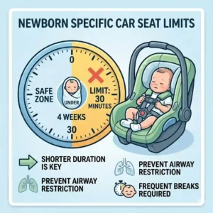 Illustration highlighting shorter 30-minute time limits for newborns staying in car seats safely.