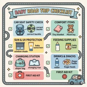 An illustrated infographic checklist detailing essential travel gear to pack along with the best car seat for long road trips baby.