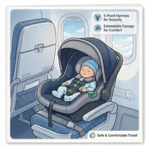 An illustration showcasing the safety harness and comfortable padding of the best car seat for airplane travel infant while inside a plane.