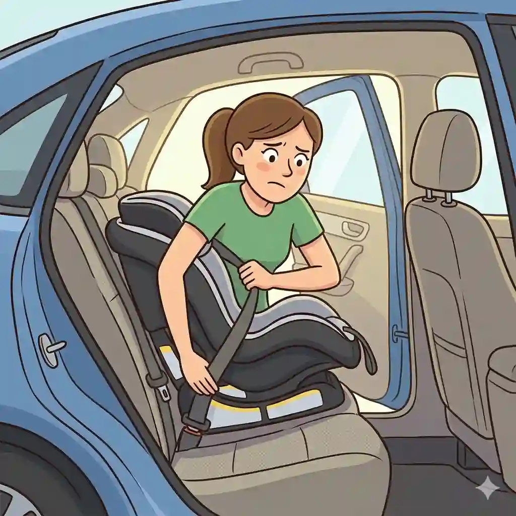 A focused illustration of a parent struggling with straps, summarizing general car seat installation mistakes parents make when securing a child.