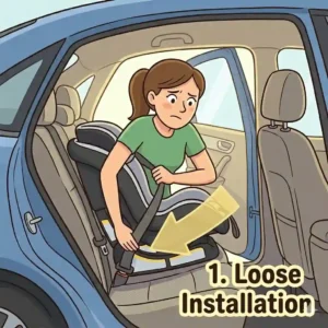 Illustration for mistake 1, the "Inch Test," which demonstrates common loose car seat installation mistakes parents make with unstable seats.