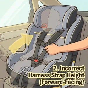 Illustration for mistake 2, showing the side profile of correct and incorrect harness strap heights to prevent crucial car seat installation mistakes parents make with growing children.