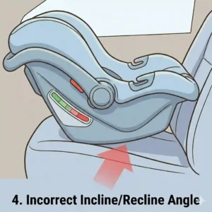 Illustration for mistake 4, depicting a rear-facing infant car seat at the wrong recline angle, which is among the dangerous car seat installation mistakes parents make for newborns.