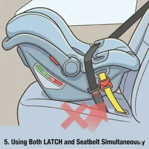 Illustration for mistake 5, a diagram showing both LATCH and vehicle seatbelts used together, demonstrating mechanical conflicts in car seat installation mistakes parents make unknowingly.