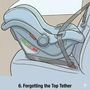 Illustration for mistake 6, a forward-facing seat with a dangling, unused top tether, illustrating frequent car seat installation mistakes parents make during transitions.