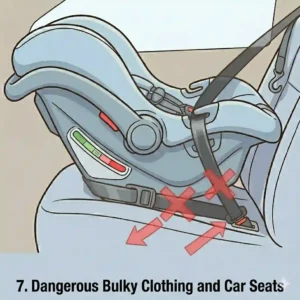 Illustration for mistake 7, a child bundled in a bulky winter coat under loose straps, explaining environmental factors in car seat installation mistakes parents make that compromise harness fit.