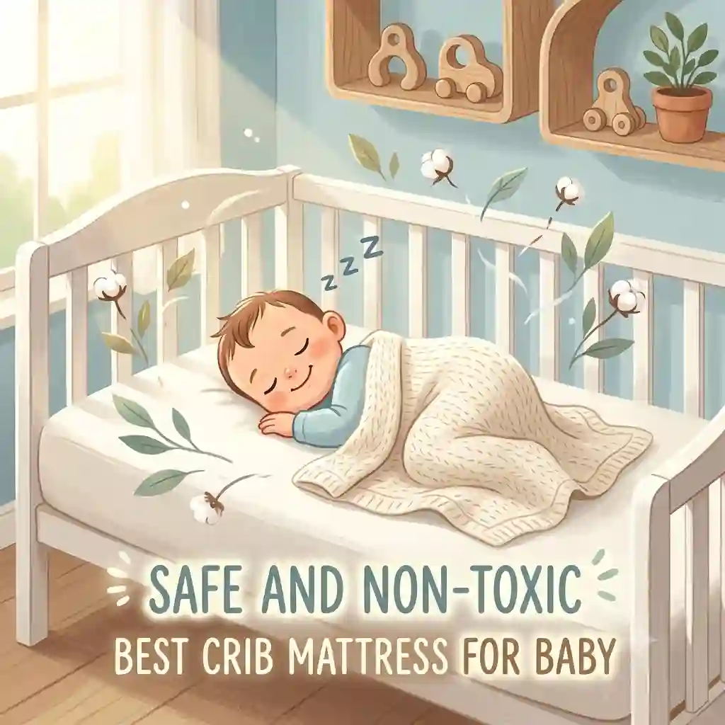 A happy baby sleeping peacefully on the best crib mattress for baby safe and non toxic in a sunny nursery setting.
