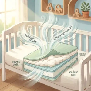 An illustration highlighting the breathable continuous airflow features of the best crib mattress for baby safe and non toxic.