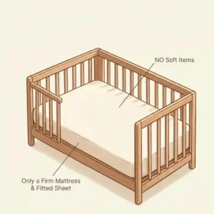 An illustration of a safe newborn crib setup featuring only a tight fitted sheet, with no pillows, blankets, or bumper pads.