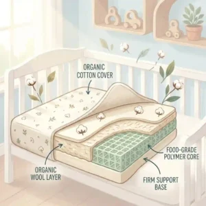A cross-section diagram showing the organic cotton and wool layers of the best crib mattress for baby safe and non toxic.