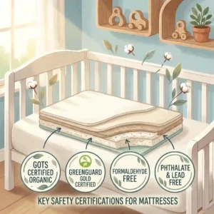Safety certifications including GOTS and GREENGUARD Gold displayed on the best crib mattress for baby safe and non toxic.