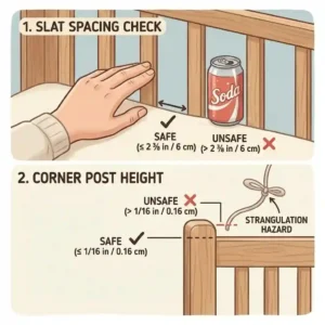 Illustration measuring safe crib slat spacing for a newborn, showing bars are less than 2 and 3/8 inches apart to prevent injury.