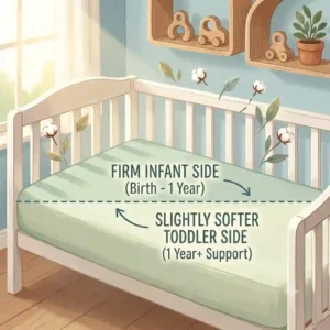 A guide showing the dual-firmness sides for infants and toddlers on the best crib mattress for baby safe and non toxic.