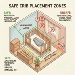 A nursery layout illustration showing how to set up a crib safely for a newborn away from windows, cords, drapes, and hanging wall art.
