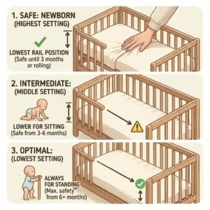 Illustration of a newborn crib set to the highest mattress position for easy access while keeping the baby secure.