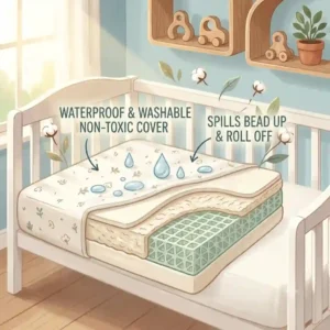 An illustration of the waterproof and washable protective cover of the best crib mattress for baby safe and non toxic.