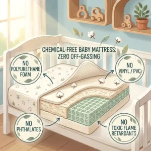 An informational graphic demonstrating zero off-gassing and chemical-free materials in the best crib mattress for baby safe and non toxic.