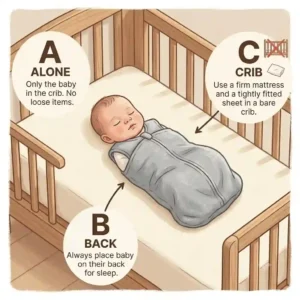 An illustration of a newborn sleeping safely on their back in a properly set up crib, wearing a wearable blanket or sleep sack.