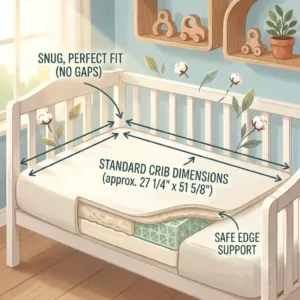 An illustration showing the standard dimensions and snug, gap-free fit of the best crib mattress for baby safe and non toxic in a wooden crib.