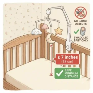 Diagram showing how to set up a crib safely by hanging mobiles high enough that a newborn cannot reach or pull them down.