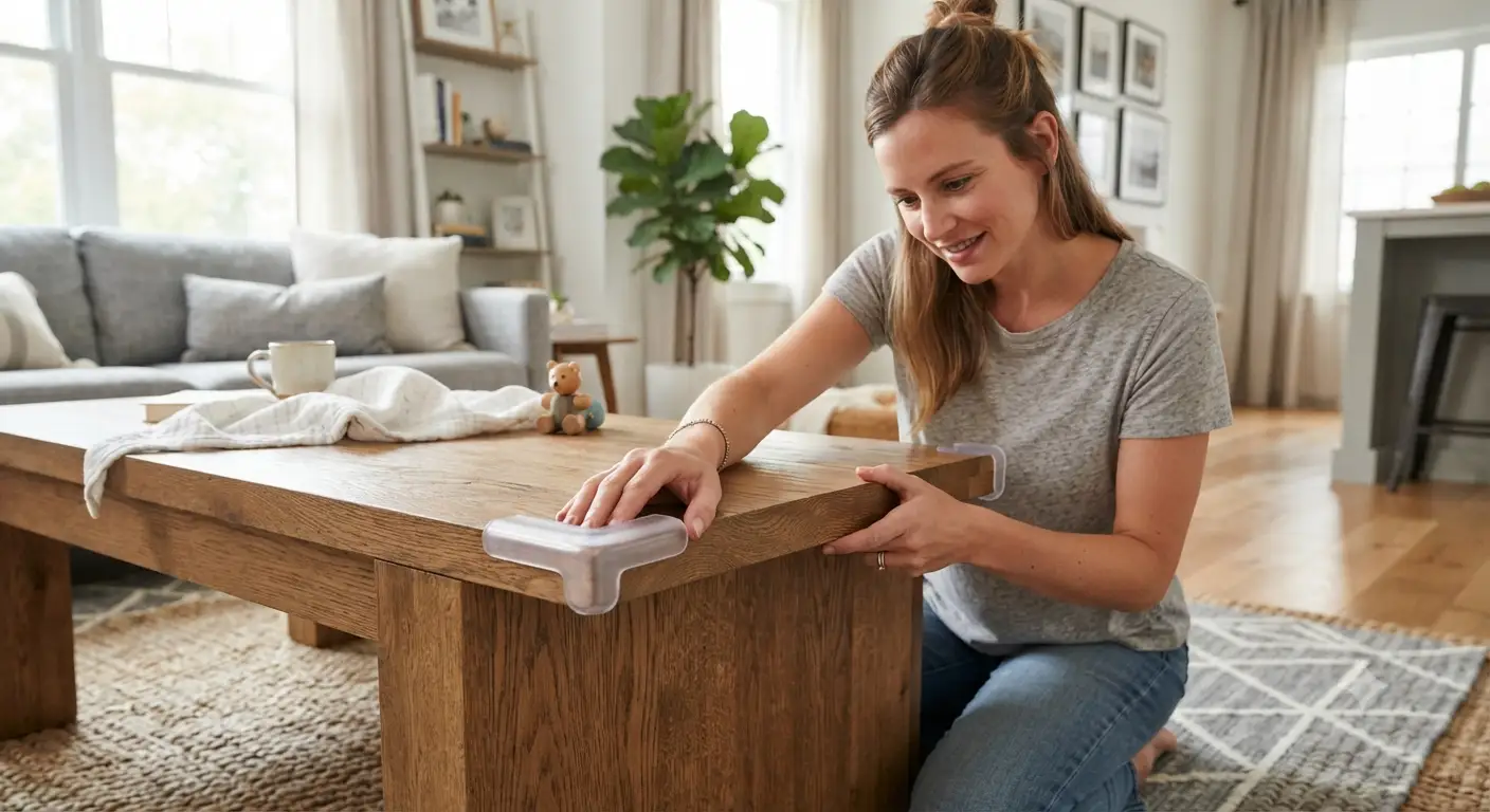 Parent installing clear silicone corner guards on a wooden coffee table in a modern American living room