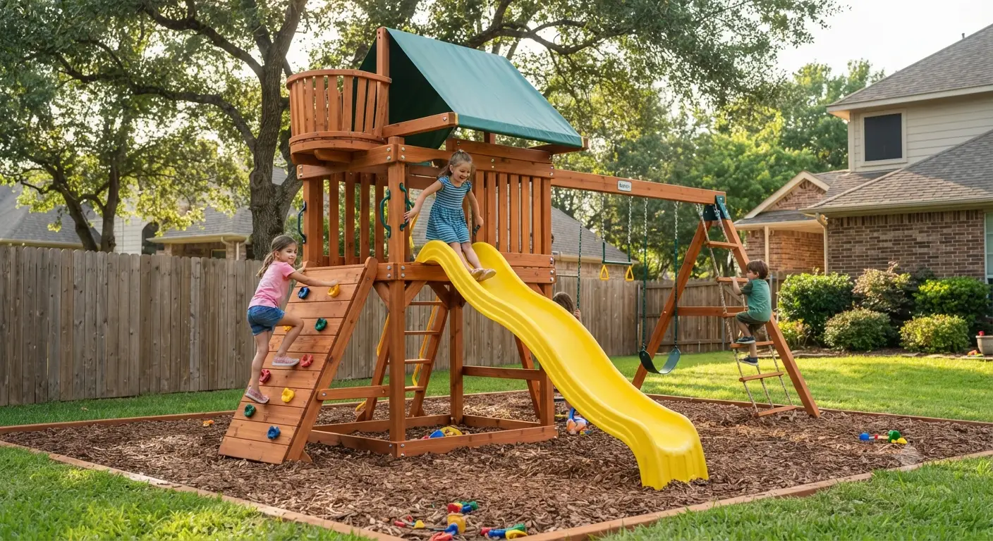 Wooden backyard jungle gym featuring a slide and climbing wall for kids.